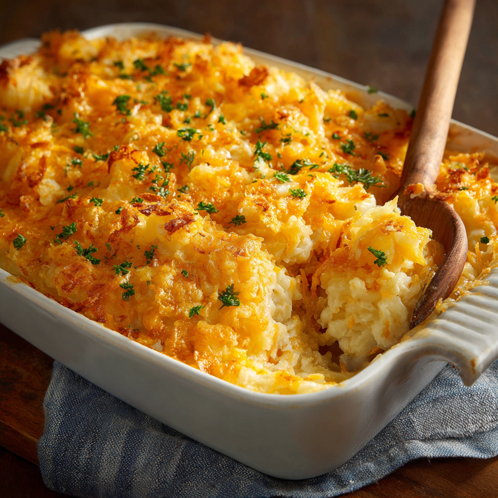 Golden baked funeral potatoes in a casserole dish